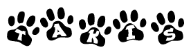 The image shows a row of animal paw prints, each containing a letter. The letters spell out the word Takis within the paw prints.