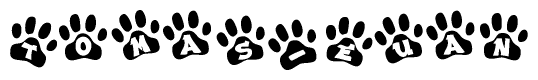 The image shows a series of animal paw prints arranged in a horizontal line. Each paw print contains a letter, and together they spell out the word Tomas-euan.