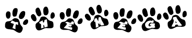 The image shows a series of animal paw prints arranged in a horizontal line. Each paw print contains a letter, and together they spell out the word Themega.