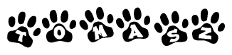 The image shows a series of animal paw prints arranged horizontally. Within each paw print, there's a letter; together they spell Tomasz