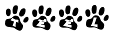 The image shows a series of animal paw prints arranged in a horizontal line. Each paw print contains a letter, and together they spell out the word Teel.