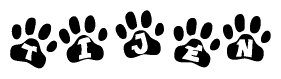 The image shows a row of animal paw prints, each containing a letter. The letters spell out the word Tijen within the paw prints.