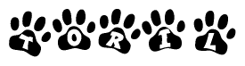 The image shows a series of animal paw prints arranged in a horizontal line. Each paw print contains a letter, and together they spell out the word Toril.