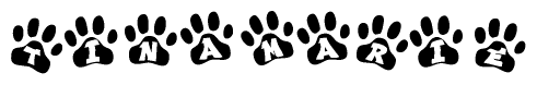 The image shows a series of animal paw prints arranged horizontally. Within each paw print, there's a letter; together they spell Tinamarie