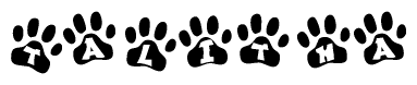 The image shows a row of animal paw prints, each containing a letter. The letters spell out the word Talitha within the paw prints.