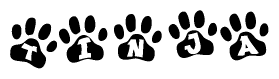 The image shows a row of animal paw prints, each containing a letter. The letters spell out the word Tinja within the paw prints.