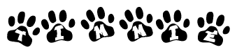The image shows a series of animal paw prints arranged in a horizontal line. Each paw print contains a letter, and together they spell out the word Timmie.