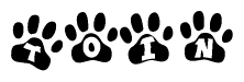 The image shows a series of animal paw prints arranged horizontally. Within each paw print, there's a letter; together they spell Toin