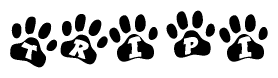 The image shows a row of animal paw prints, each containing a letter. The letters spell out the word Tripi within the paw prints.