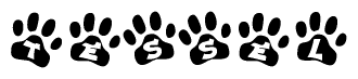 The image shows a series of animal paw prints arranged in a horizontal line. Each paw print contains a letter, and together they spell out the word Tessel.