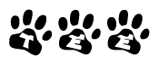 The image shows a row of animal paw prints, each containing a letter. The letters spell out the word Tee within the paw prints.