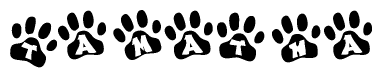 The image shows a series of animal paw prints arranged horizontally. Within each paw print, there's a letter; together they spell Tamatha