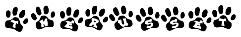 The image shows a series of animal paw prints arranged horizontally. Within each paw print, there's a letter; together they spell Therusset