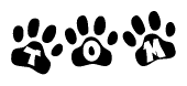 The image shows a row of animal paw prints, each containing a letter. The letters spell out the word Tom within the paw prints.