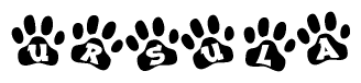 The image shows a row of animal paw prints, each containing a letter. The letters spell out the word Ursula within the paw prints.
