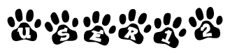 The image shows a series of animal paw prints arranged in a horizontal line. Each paw print contains a letter, and together they spell out the word User12.
