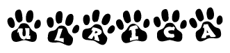 The image shows a row of animal paw prints, each containing a letter. The letters spell out the word Ulrica within the paw prints.
