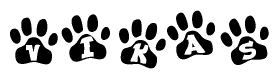 The image shows a row of animal paw prints, each containing a letter. The letters spell out the word Vikas within the paw prints.