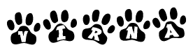 The image shows a series of animal paw prints arranged in a horizontal line. Each paw print contains a letter, and together they spell out the word Virna.