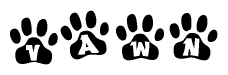 The image shows a series of animal paw prints arranged in a horizontal line. Each paw print contains a letter, and together they spell out the word Vawn.