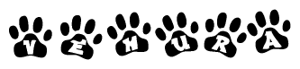 The image shows a series of animal paw prints arranged in a horizontal line. Each paw print contains a letter, and together they spell out the word Vehura.