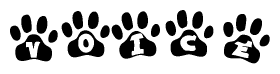 The image shows a series of animal paw prints arranged horizontally. Within each paw print, there's a letter; together they spell Voice
