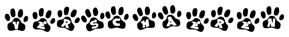 The image shows a series of animal paw prints arranged in a horizontal line. Each paw print contains a letter, and together they spell out the word Verschaeren.