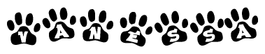 The image shows a series of animal paw prints arranged in a horizontal line. Each paw print contains a letter, and together they spell out the word Vanessa.