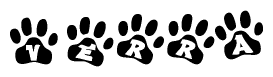 The image shows a series of animal paw prints arranged horizontally. Within each paw print, there's a letter; together they spell Verra