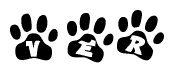 The image shows a row of animal paw prints, each containing a letter. The letters spell out the word Ver within the paw prints.
