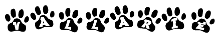 The image shows a series of animal paw prints arranged in a horizontal line. Each paw print contains a letter, and together they spell out the word Vallarie.