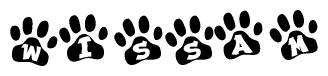 The image shows a series of animal paw prints arranged in a horizontal line. Each paw print contains a letter, and together they spell out the word Wissam.