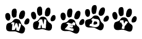 The image shows a series of animal paw prints arranged in a horizontal line. Each paw print contains a letter, and together they spell out the word Wnedy.