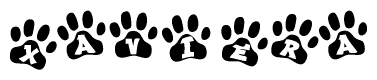 The image shows a series of animal paw prints arranged in a horizontal line. Each paw print contains a letter, and together they spell out the word Xaviera.