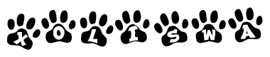 The image shows a row of animal paw prints, each containing a letter. The letters spell out the word Xoliswa within the paw prints.