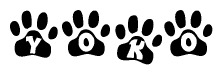 The image shows a series of animal paw prints arranged in a horizontal line. Each paw print contains a letter, and together they spell out the word Yoko.
