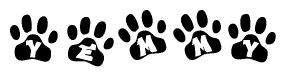 The image shows a row of animal paw prints, each containing a letter. The letters spell out the word Yemmy within the paw prints.