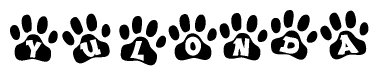 The image shows a series of animal paw prints arranged horizontally. Within each paw print, there's a letter; together they spell Yulonda