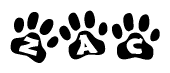 The image shows a row of animal paw prints, each containing a letter. The letters spell out the word Zac within the paw prints.