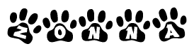 The image shows a series of animal paw prints arranged in a horizontal line. Each paw print contains a letter, and together they spell out the word Zonna.