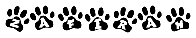 The image shows a series of animal paw prints arranged horizontally. Within each paw print, there's a letter; together they spell Zafirah