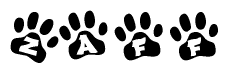 The image shows a series of animal paw prints arranged horizontally. Within each paw print, there's a letter; together they spell Zaff