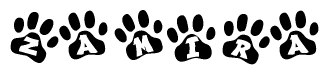 The image shows a series of animal paw prints arranged horizontally. Within each paw print, there's a letter; together they spell Zamira