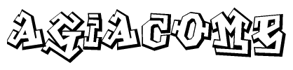 The image is a stylized representation of the letters Agiacome designed to mimic the look of graffiti text. The letters are bold and have a three-dimensional appearance, with emphasis on angles and shadowing effects.