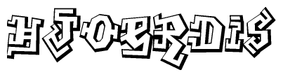 The clipart image depicts the word Hjoerdis in a style reminiscent of graffiti. The letters are drawn in a bold, block-like script with sharp angles and a three-dimensional appearance.