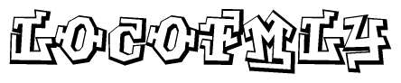 The clipart image depicts the word Locofmly in a style reminiscent of graffiti. The letters are drawn in a bold, block-like script with sharp angles and a three-dimensional appearance.