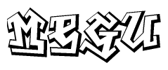 The clipart image depicts the word Megu in a style reminiscent of graffiti. The letters are drawn in a bold, block-like script with sharp angles and a three-dimensional appearance.