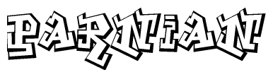 The image is a stylized representation of the letters Parnian designed to mimic the look of graffiti text. The letters are bold and have a three-dimensional appearance, with emphasis on angles and shadowing effects.