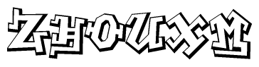 The clipart image depicts the word Zhouxm in a style reminiscent of graffiti. The letters are drawn in a bold, block-like script with sharp angles and a three-dimensional appearance.