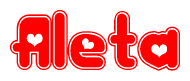 The image is a red and white graphic with the word Aleta written in a decorative script. Each letter in  is contained within its own outlined bubble-like shape. Inside each letter, there is a white heart symbol.